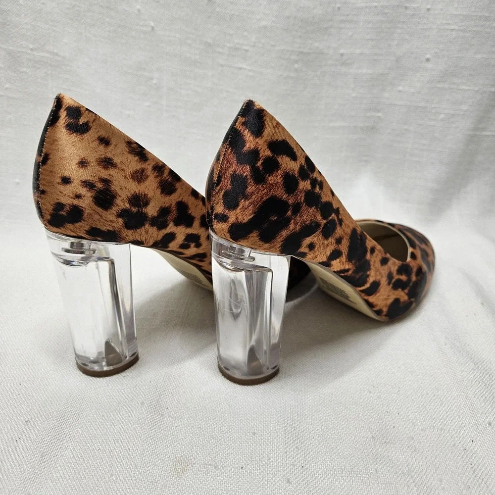 Woolworths Pumps Womens 5 Tan Leopard Animal Print Lucite Clear Block Heel Shoes